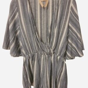 Ecru Lab linen Blue and white striped step in romper with mock‎ cross over front